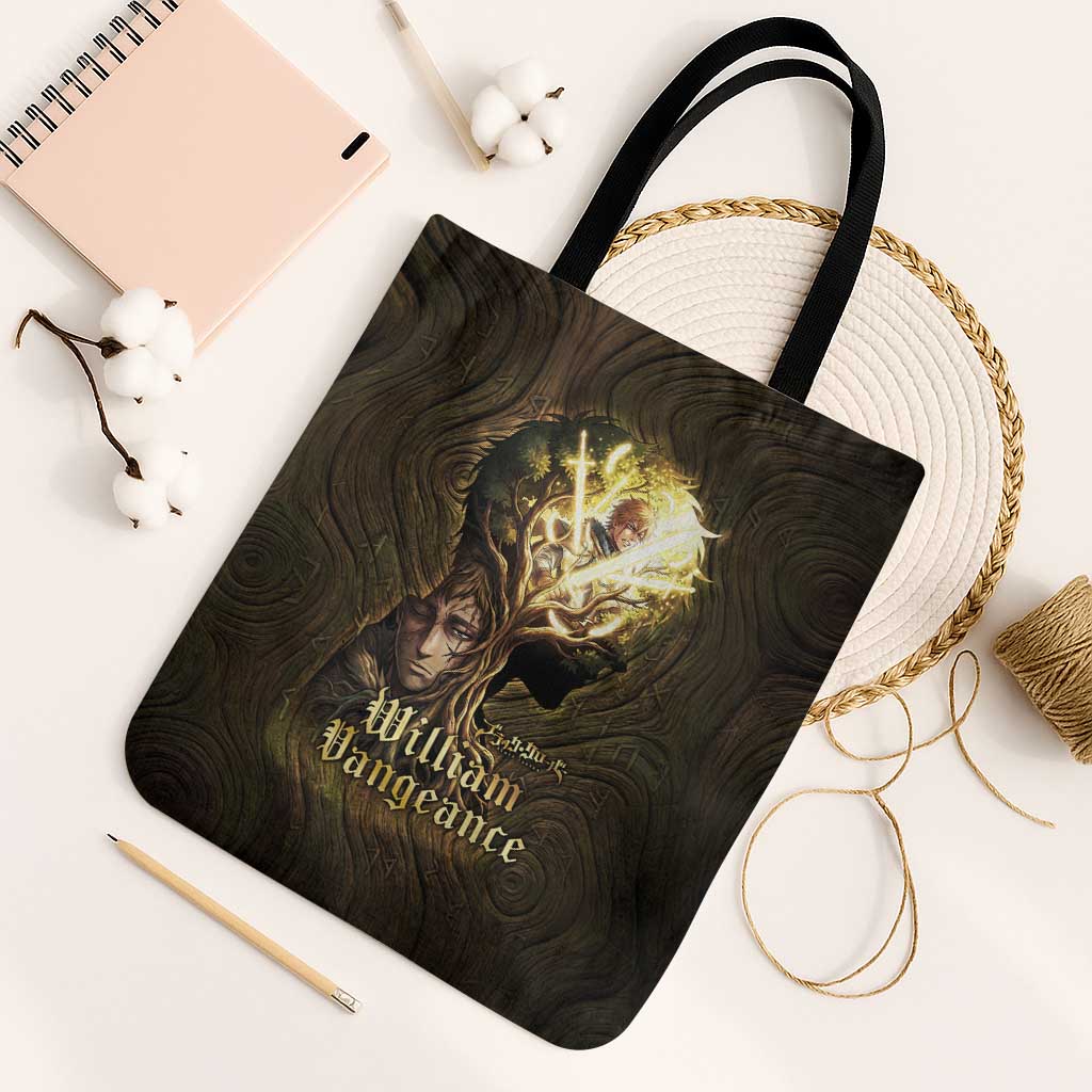 William Vangeance Black Clover Tote Bag Enchanted Woodgrain Style with Duality and Golden Mask Motif
