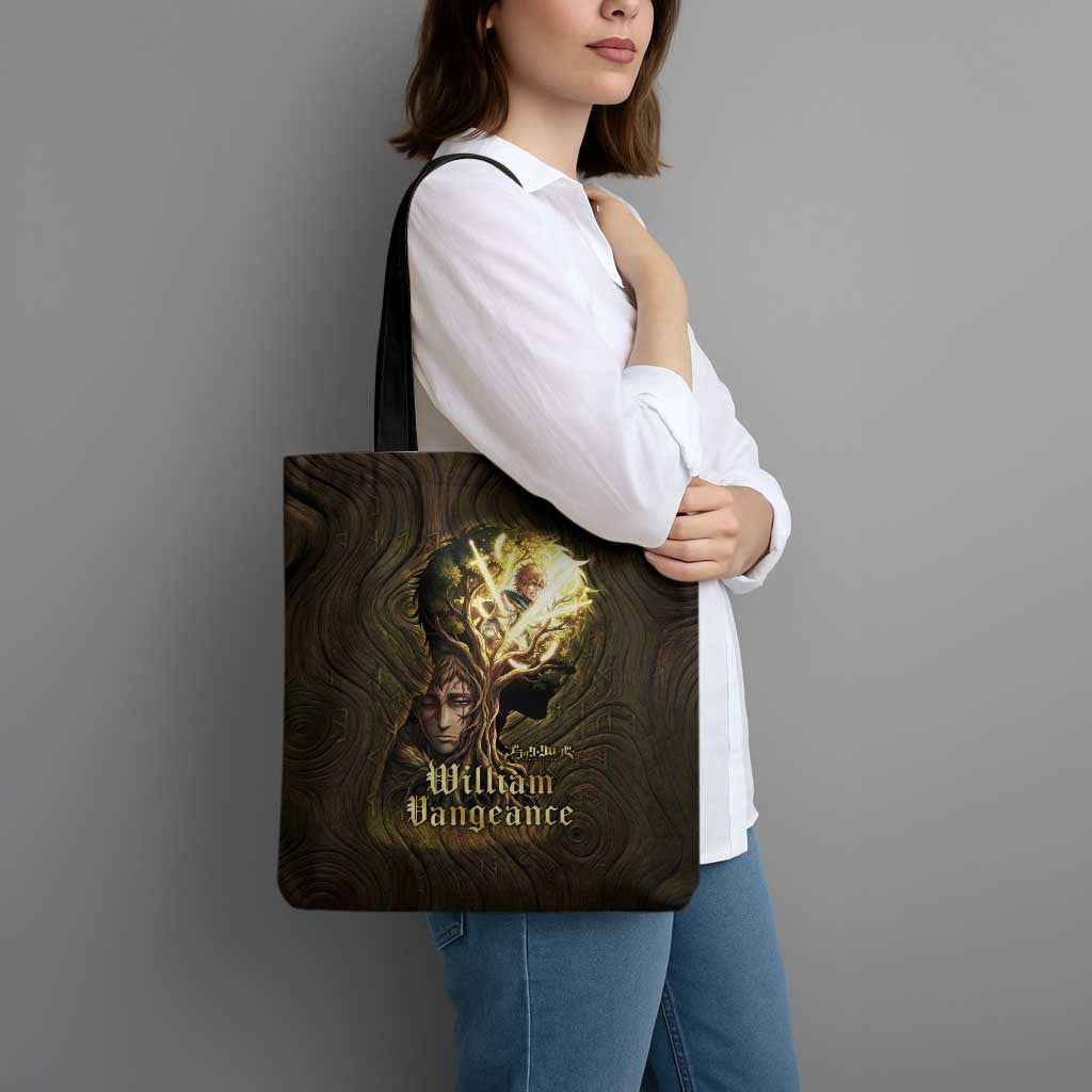 William Vangeance Black Clover Tote Bag Enchanted Woodgrain Style with Duality and Golden Mask Motif