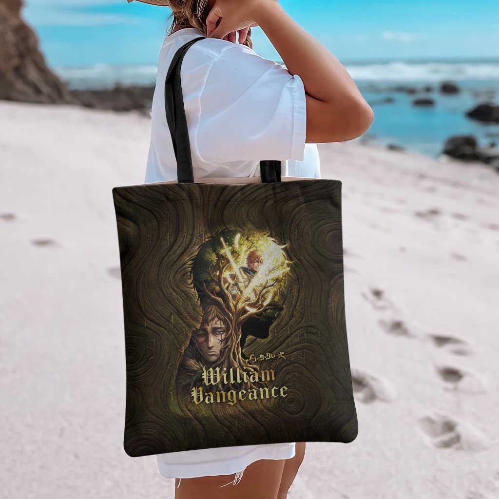 William Vangeance Black Clover Tote Bag Enchanted Woodgrain Style with Duality and Golden Mask Motif
