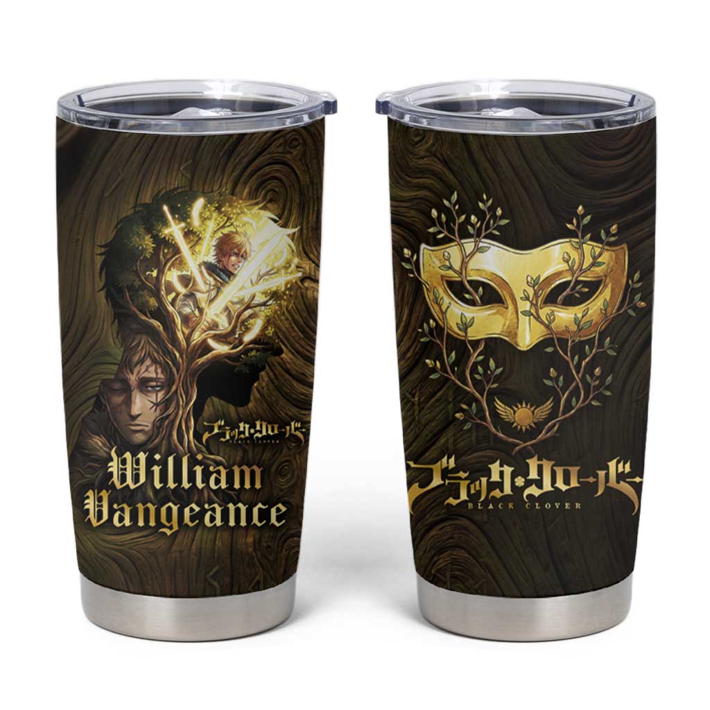 William Vangeance Black Clover Tumbler Cup Enchanted Woodgrain Style with Duality and Golden Mask Motif