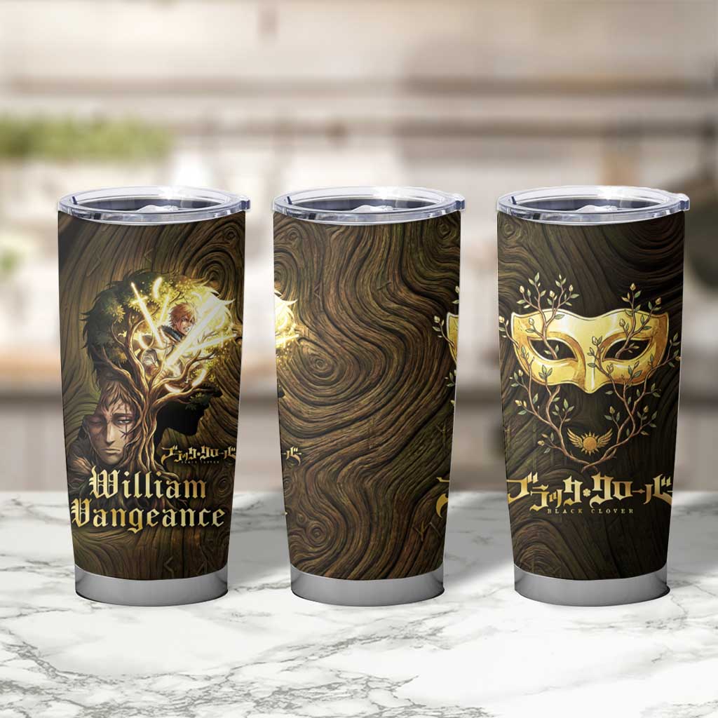 William Vangeance Black Clover Tumbler Cup Enchanted Woodgrain Style with Duality and Golden Mask Motif