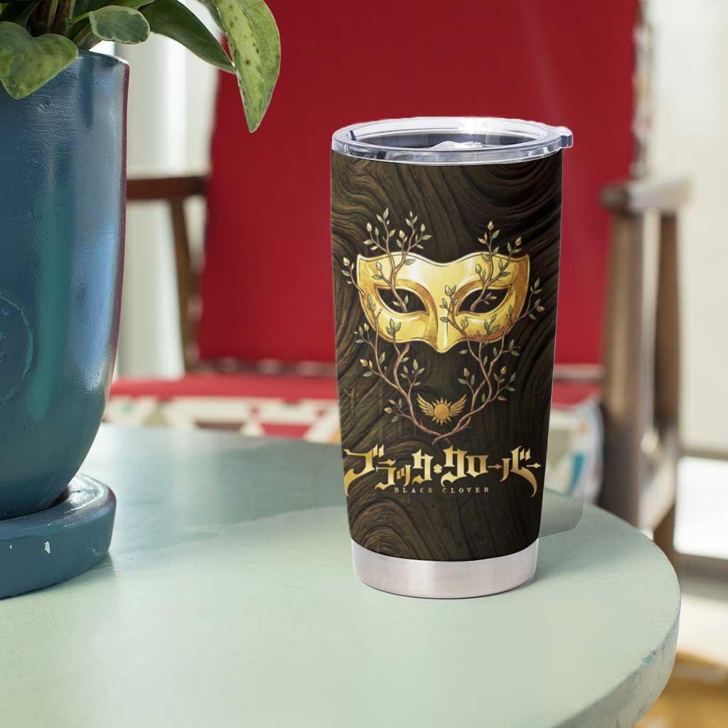 William Vangeance Black Clover Tumbler Cup Enchanted Woodgrain Style with Duality and Golden Mask Motif