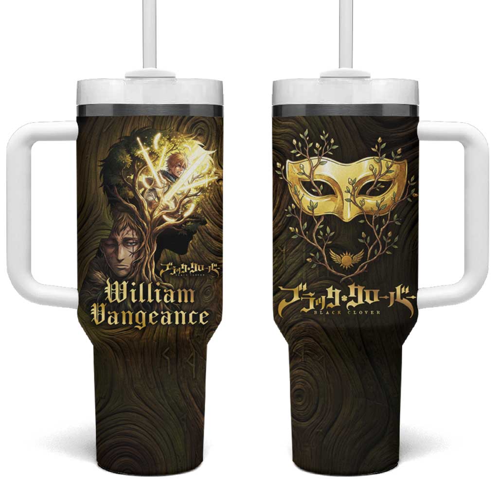 William Vangeance Black Clover Tumbler With Handle Enchanted Woodgrain Style with Duality and Golden Mask Motif