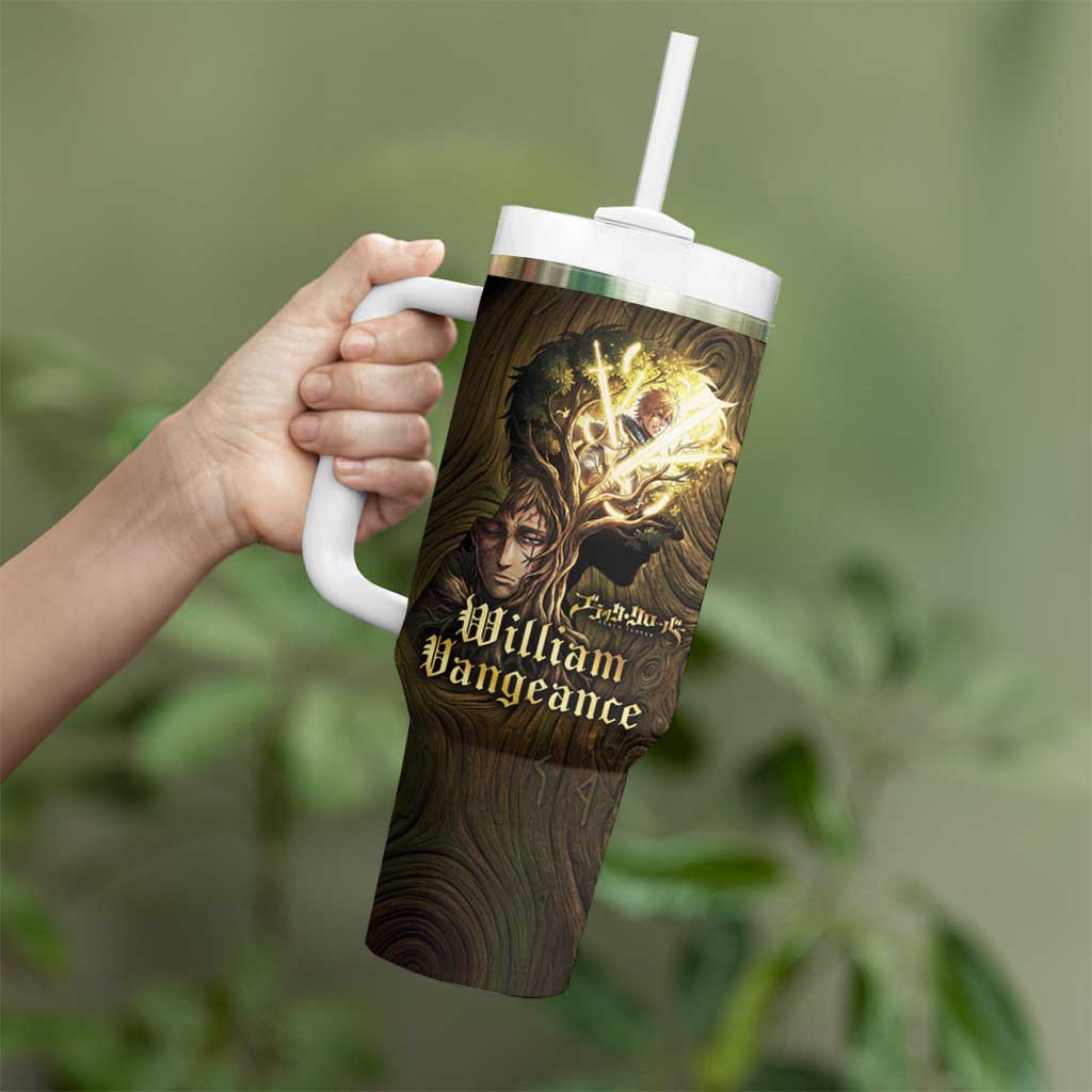 William Vangeance Black Clover Tumbler With Handle Enchanted Woodgrain Style with Duality and Golden Mask Motif