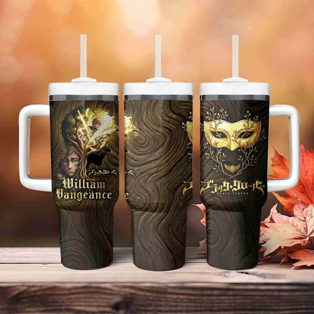 William Vangeance Black Clover Tumbler With Handle Enchanted Woodgrain Style with Duality and Golden Mask Motif