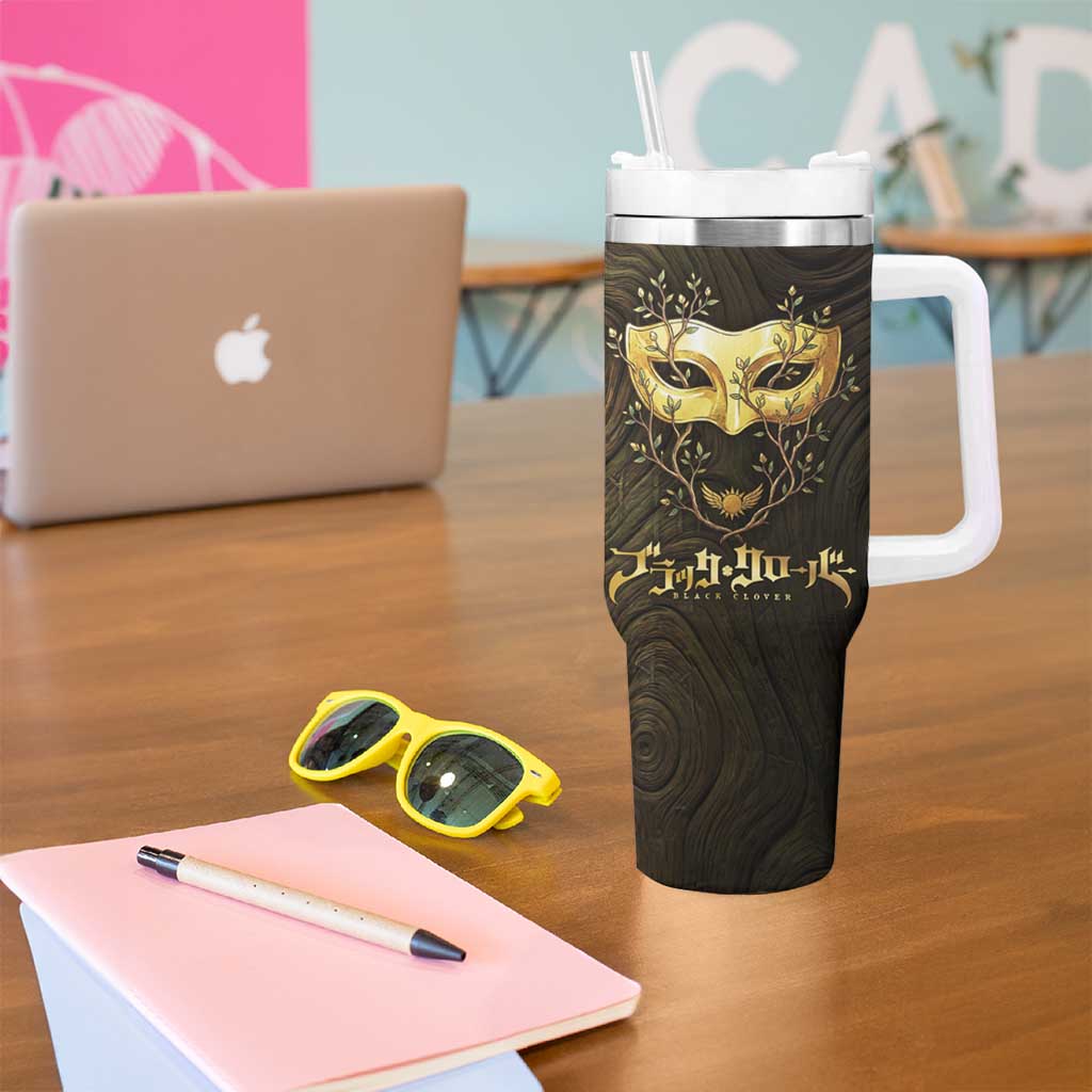 William Vangeance Black Clover Tumbler With Handle Enchanted Woodgrain Style with Duality and Golden Mask Motif