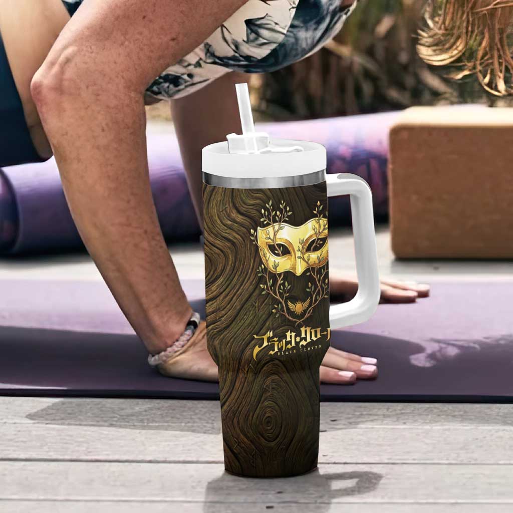 William Vangeance Black Clover Tumbler With Handle Enchanted Woodgrain Style with Duality and Golden Mask Motif