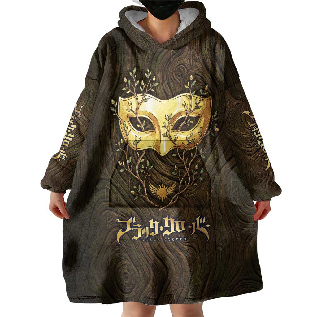 William Vangeance Black Clover Wearable Blanket Hoodie Enchanted Woodgrain Style with Duality and Golden Mask Motif