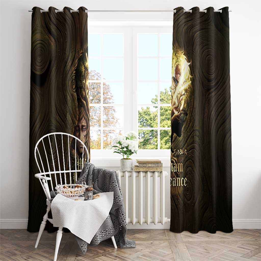 William Vangeance Black Clover Window Curtain Enchanted Woodgrain Style with Duality and Golden Mask Motif