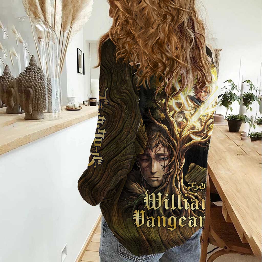 William Vangeance Black Clover Women Casual Shirt Enchanted Woodgrain Style with Duality and Golden Mask Motif