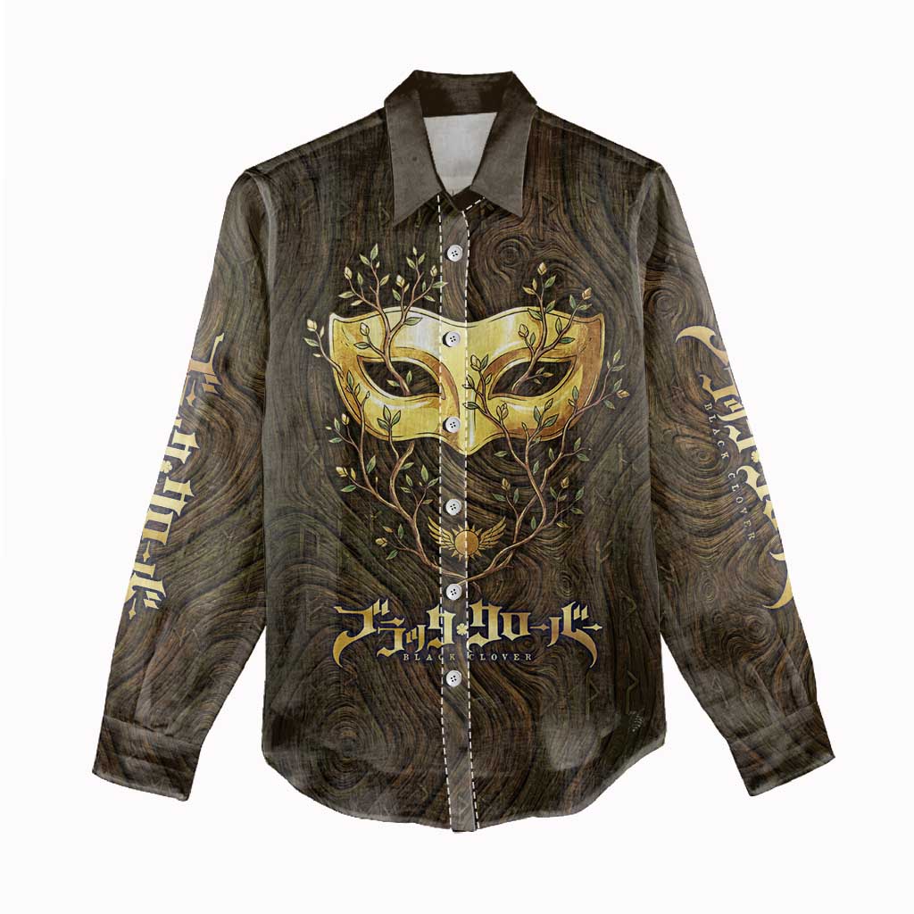 William Vangeance Black Clover Women Casual Shirt Enchanted Woodgrain Style with Duality and Golden Mask Motif