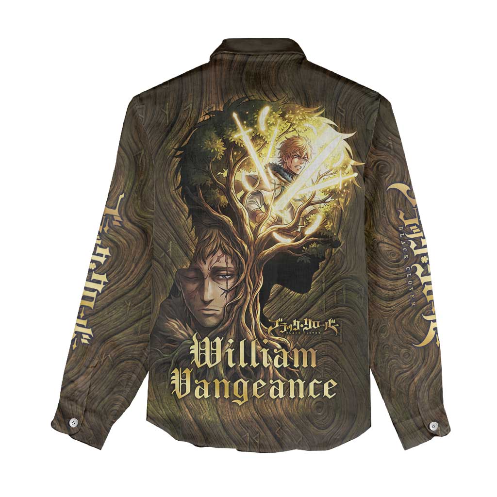 William Vangeance Black Clover Women Casual Shirt Enchanted Woodgrain Style with Duality and Golden Mask Motif