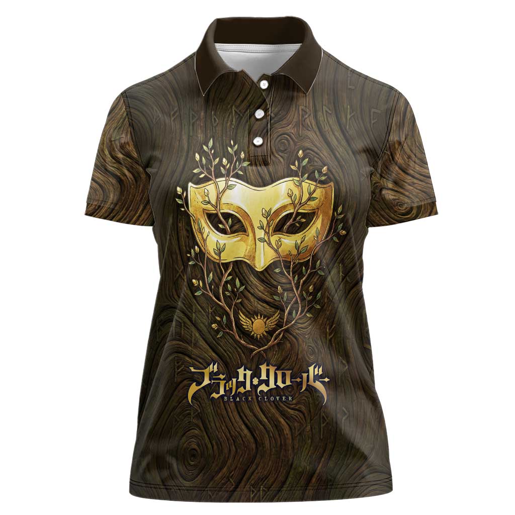 William Vangeance Black Clover Women Polo Shirt Enchanted Woodgrain Style with Duality and Golden Mask Motif