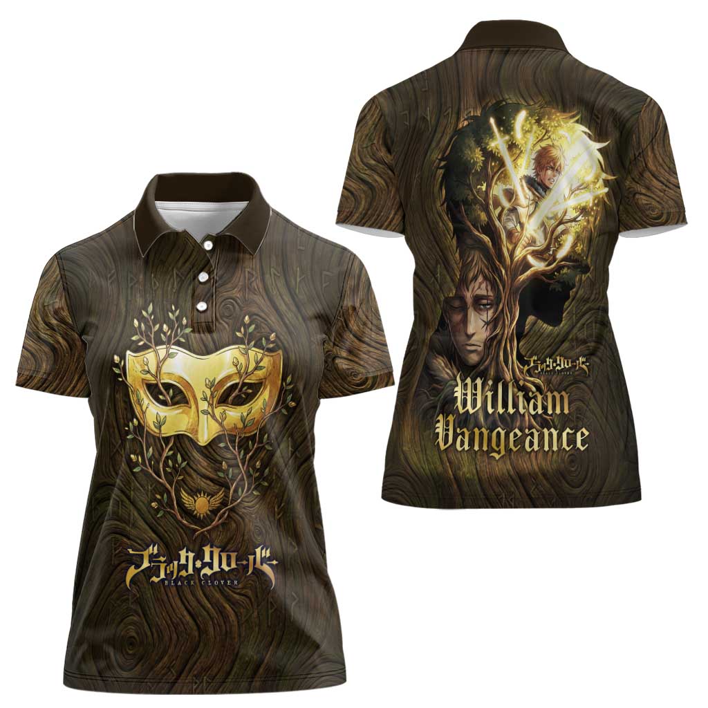 William Vangeance Black Clover Women Polo Shirt Enchanted Woodgrain Style with Duality and Golden Mask Motif