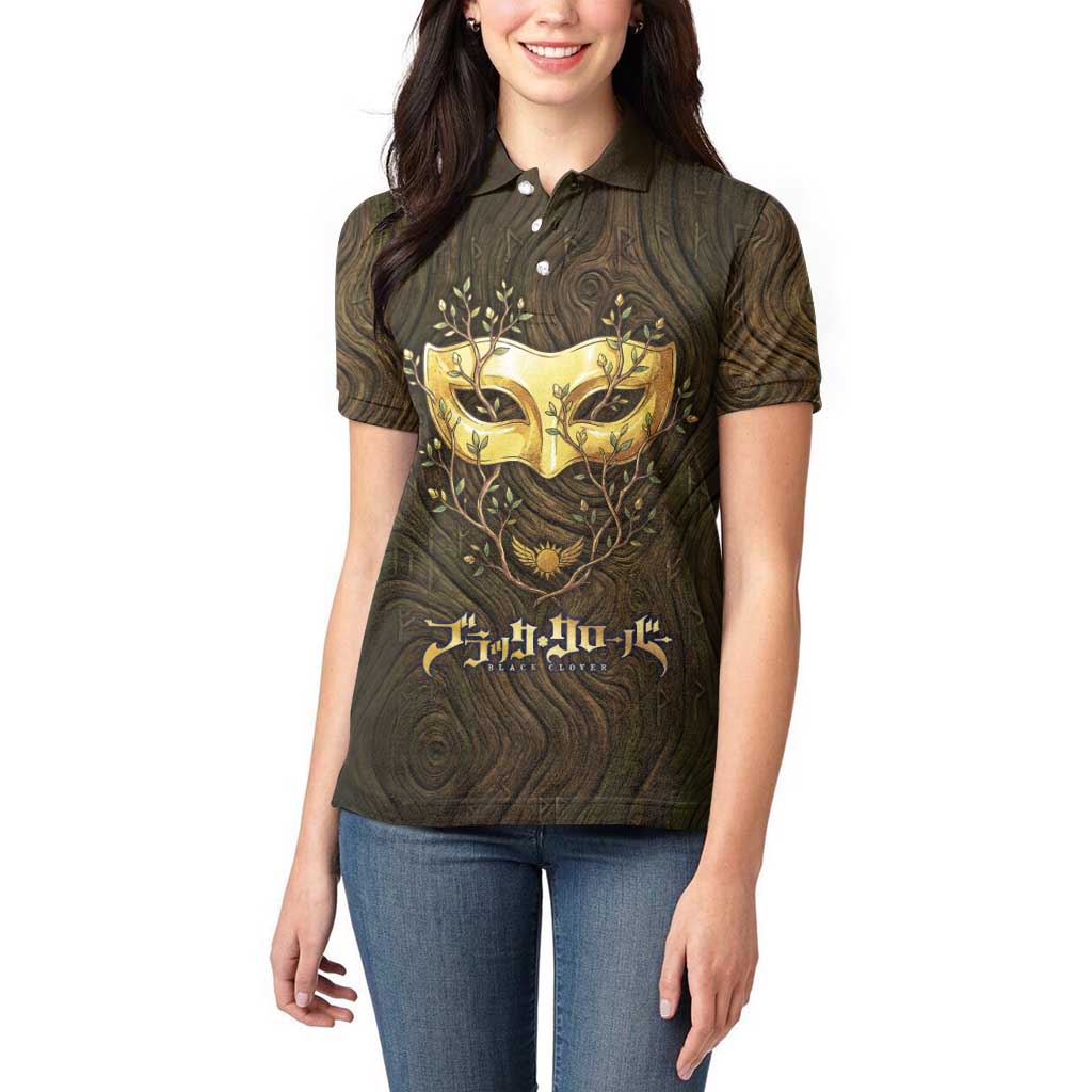 William Vangeance Black Clover Women Polo Shirt Enchanted Woodgrain Style with Duality and Golden Mask Motif