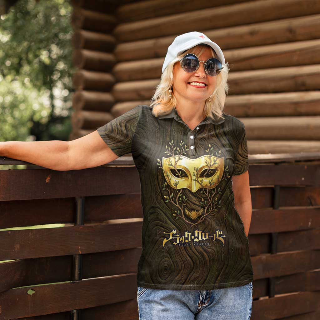William Vangeance Black Clover Women Polo Shirt Enchanted Woodgrain Style with Duality and Golden Mask Motif