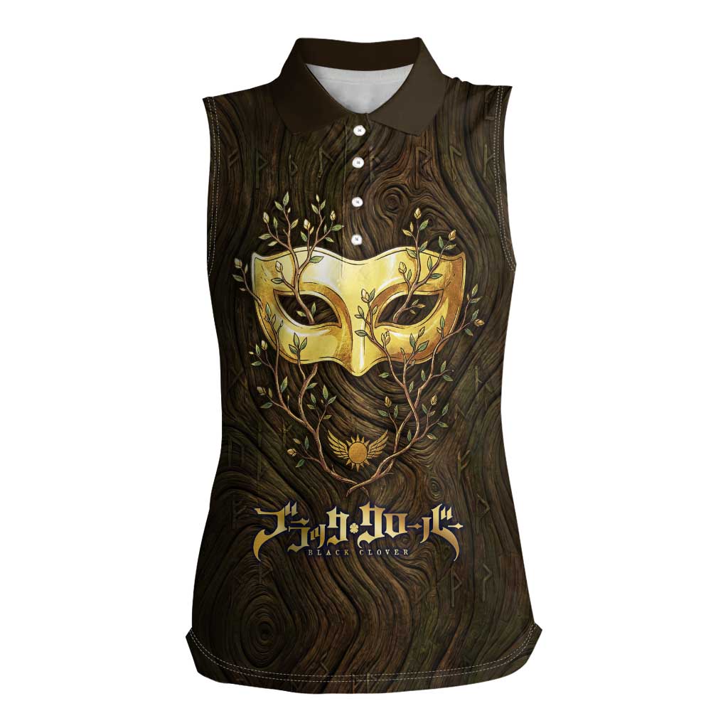 William Vangeance Black Clover Women Sleeveless Polo Shirt Enchanted Woodgrain Style with Duality and Golden Mask Motif