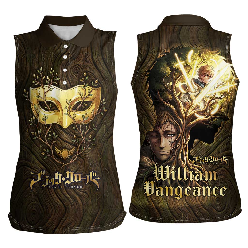 William Vangeance Black Clover Women Sleeveless Polo Shirt Enchanted Woodgrain Style with Duality and Golden Mask Motif