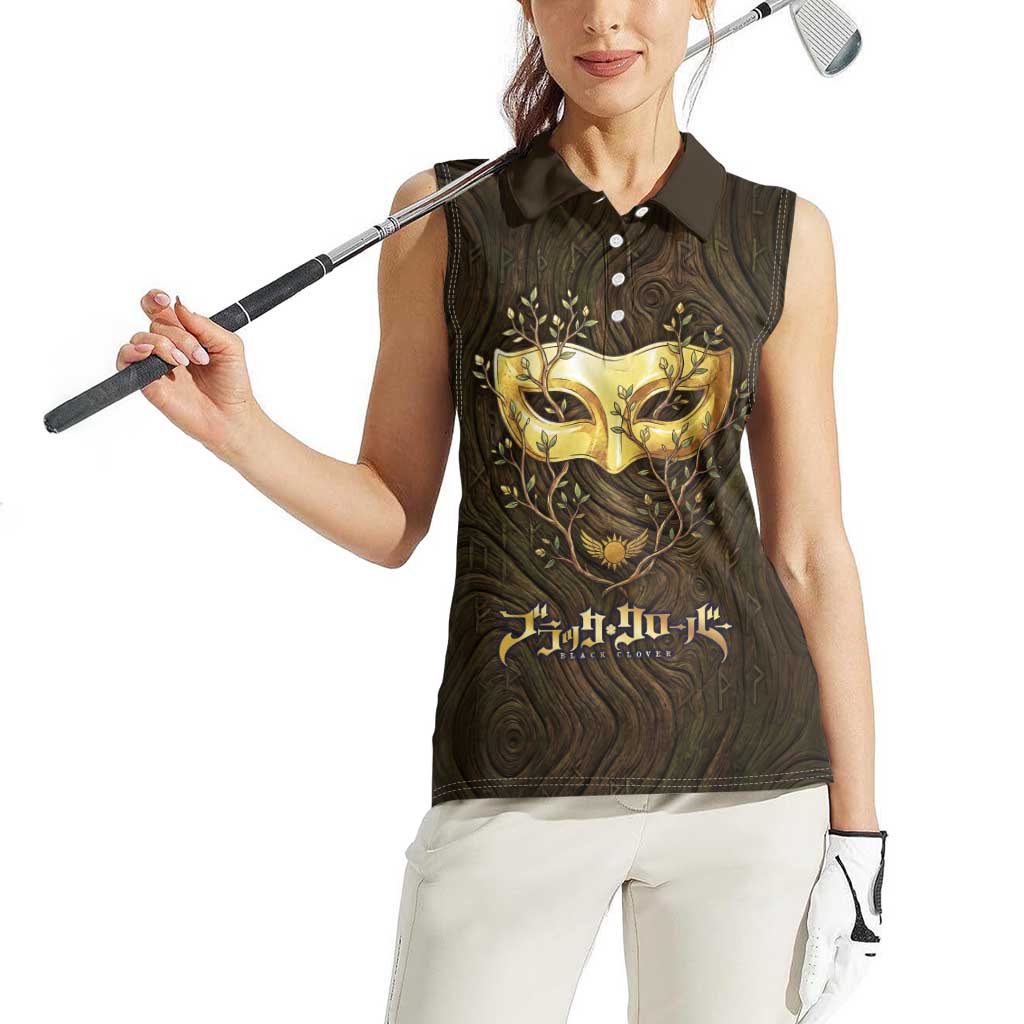 William Vangeance Black Clover Women Sleeveless Polo Shirt Enchanted Woodgrain Style with Duality and Golden Mask Motif