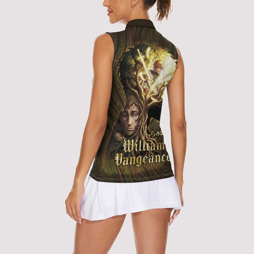 William Vangeance Black Clover Women Sleeveless Polo Shirt Enchanted Woodgrain Style with Duality and Golden Mask Motif