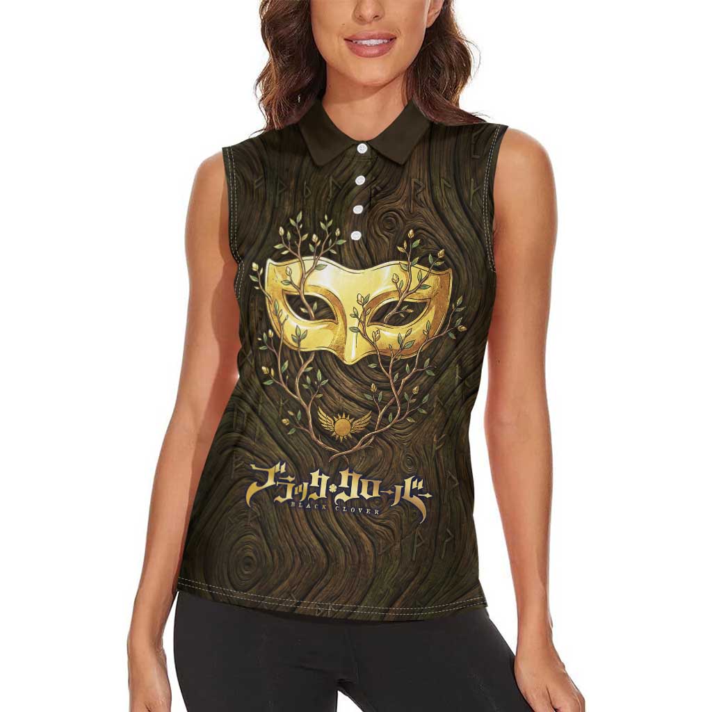 William Vangeance Black Clover Women Sleeveless Polo Shirt Enchanted Woodgrain Style with Duality and Golden Mask Motif