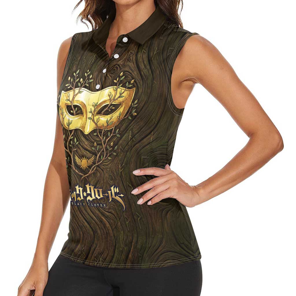 William Vangeance Black Clover Women Sleeveless Polo Shirt Enchanted Woodgrain Style with Duality and Golden Mask Motif