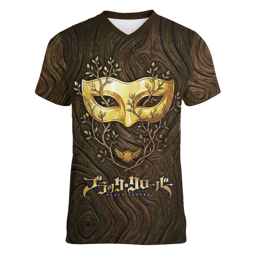 William Vangeance Black Clover Women V-Neck T-Shirt Enchanted Woodgrain Style with Duality and Golden Mask Motif