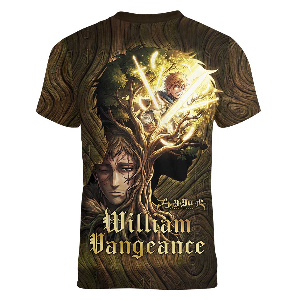 William Vangeance Black Clover Women V-Neck T-Shirt Enchanted Woodgrain Style with Duality and Golden Mask Motif