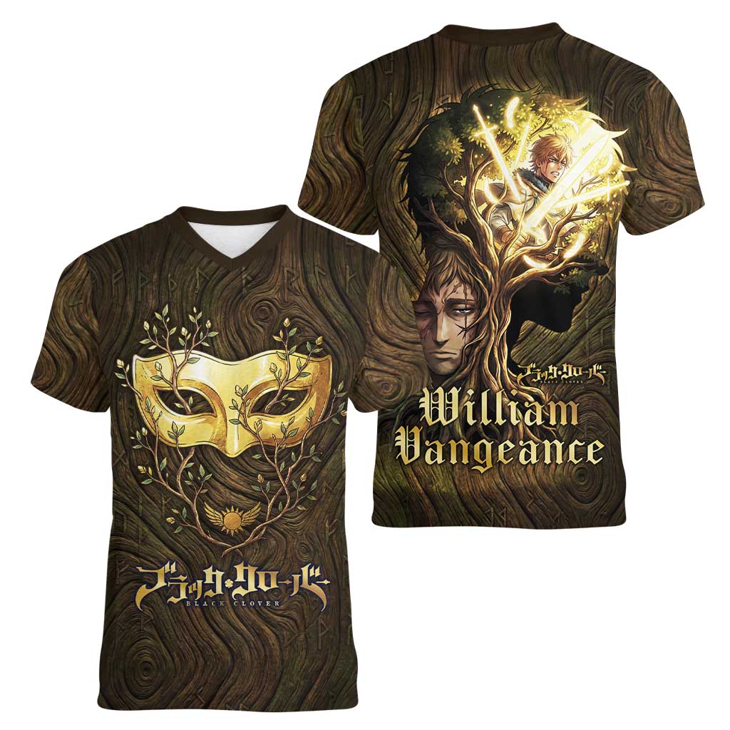 William Vangeance Black Clover Women V-Neck T-Shirt Enchanted Woodgrain Style with Duality and Golden Mask Motif
