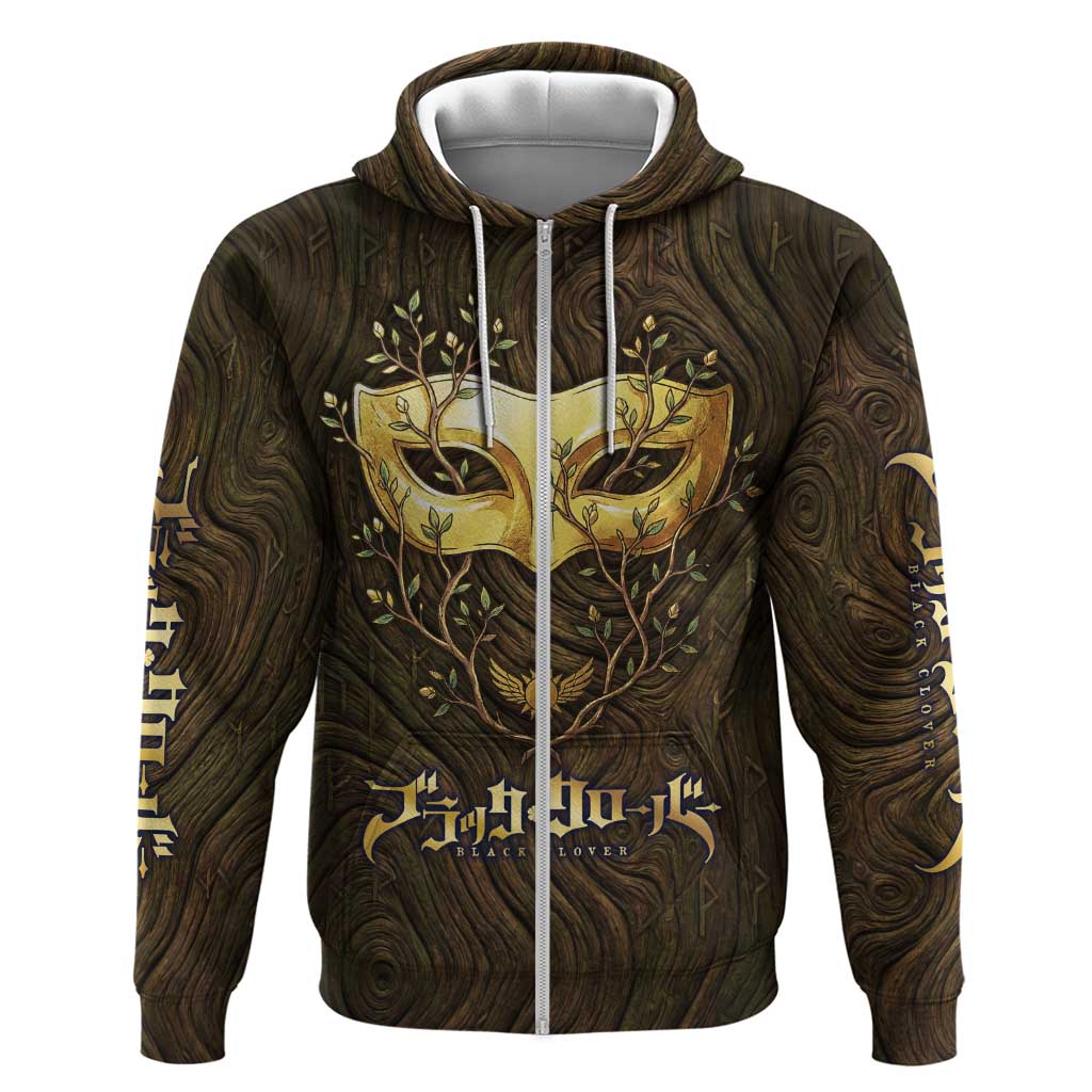 William Vangeance Black Clover Zip Hoodie Enchanted Woodgrain Style with Duality and Golden Mask Motif