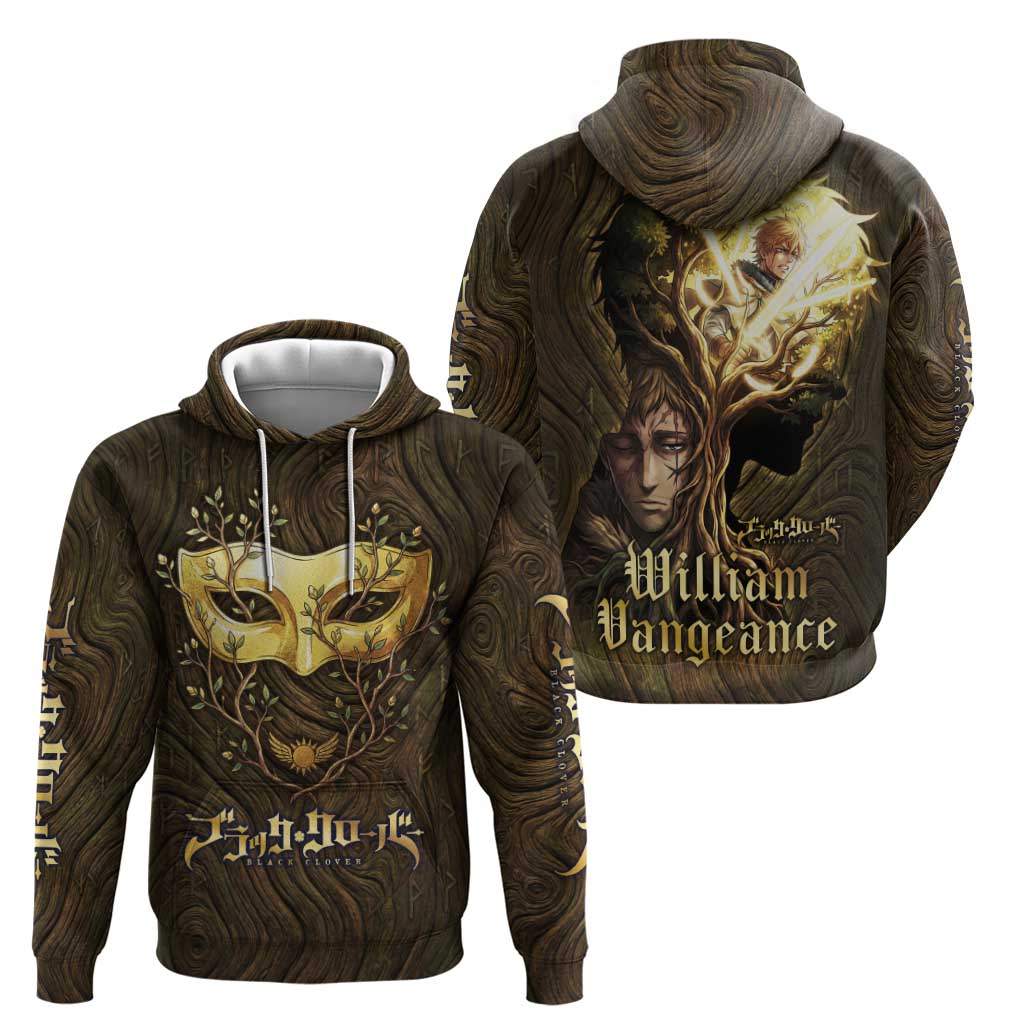 William Vangeance Black Clover Zip Hoodie Enchanted Woodgrain Style with Duality and Golden Mask Motif