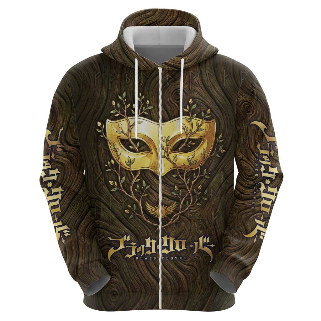 William Vangeance Black Clover Zip Hoodie Enchanted Woodgrain Style with Duality and Golden Mask Motif