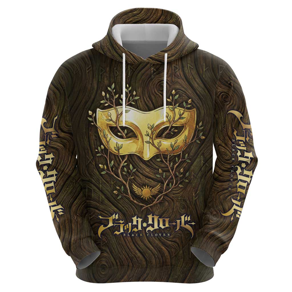 William Vangeance Black Clover Zip Hoodie Enchanted Woodgrain Style with Duality and Golden Mask Motif