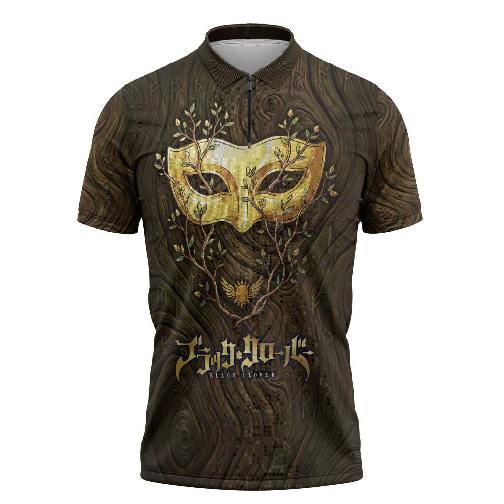 William Vangeance Black Clover Zipper Polo Shirt Enchanted Woodgrain Style with Duality and Golden Mask Motif