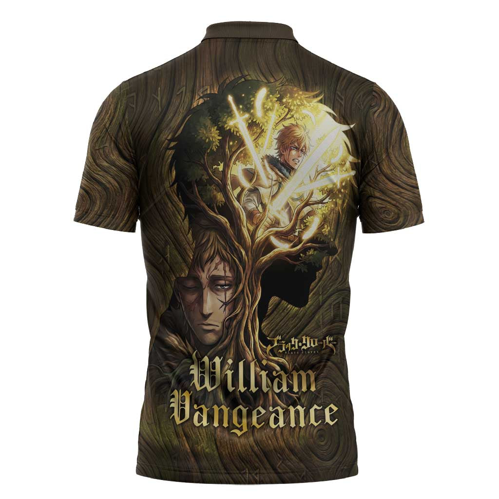 William Vangeance Black Clover Zipper Polo Shirt Enchanted Woodgrain Style with Duality and Golden Mask Motif