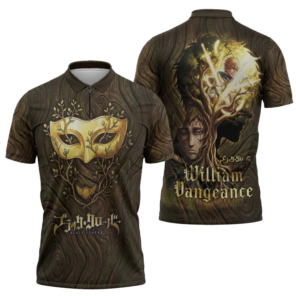 William Vangeance Black Clover Zipper Polo Shirt Enchanted Woodgrain Style with Duality and Golden Mask Motif