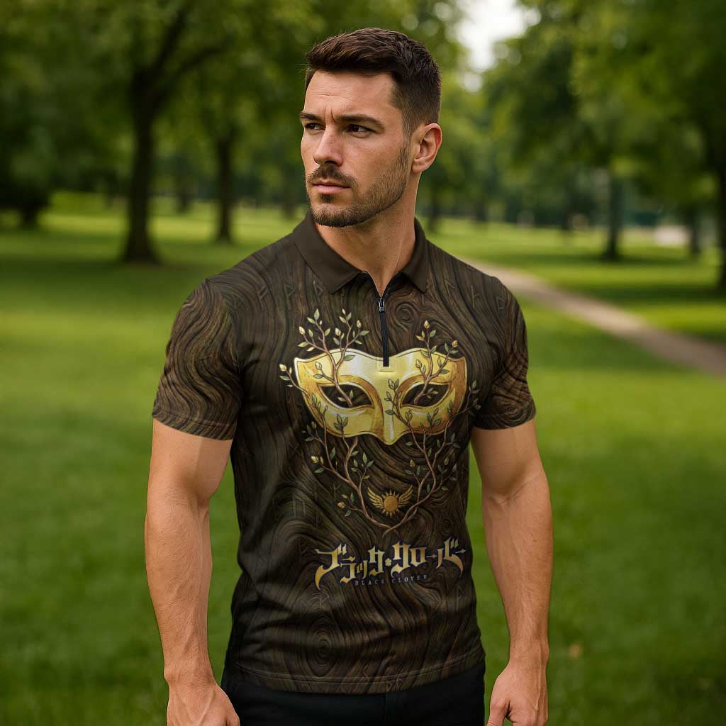 William Vangeance Black Clover Zipper Polo Shirt Enchanted Woodgrain Style with Duality and Golden Mask Motif