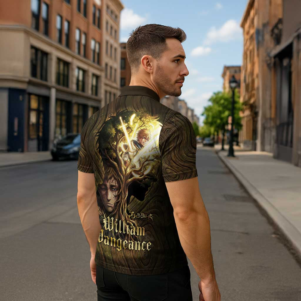 William Vangeance Black Clover Zipper Polo Shirt Enchanted Woodgrain Style with Duality and Golden Mask Motif