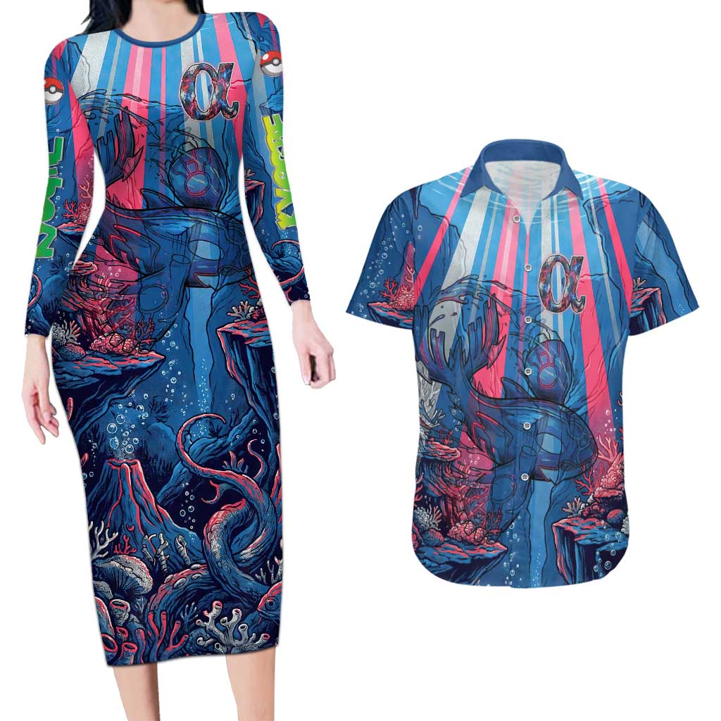 Kyogre Alpha Couples Matching Long Sleeve Bodycon Dress and Hawaiian Shirt Neon Deep Sea Coral Art