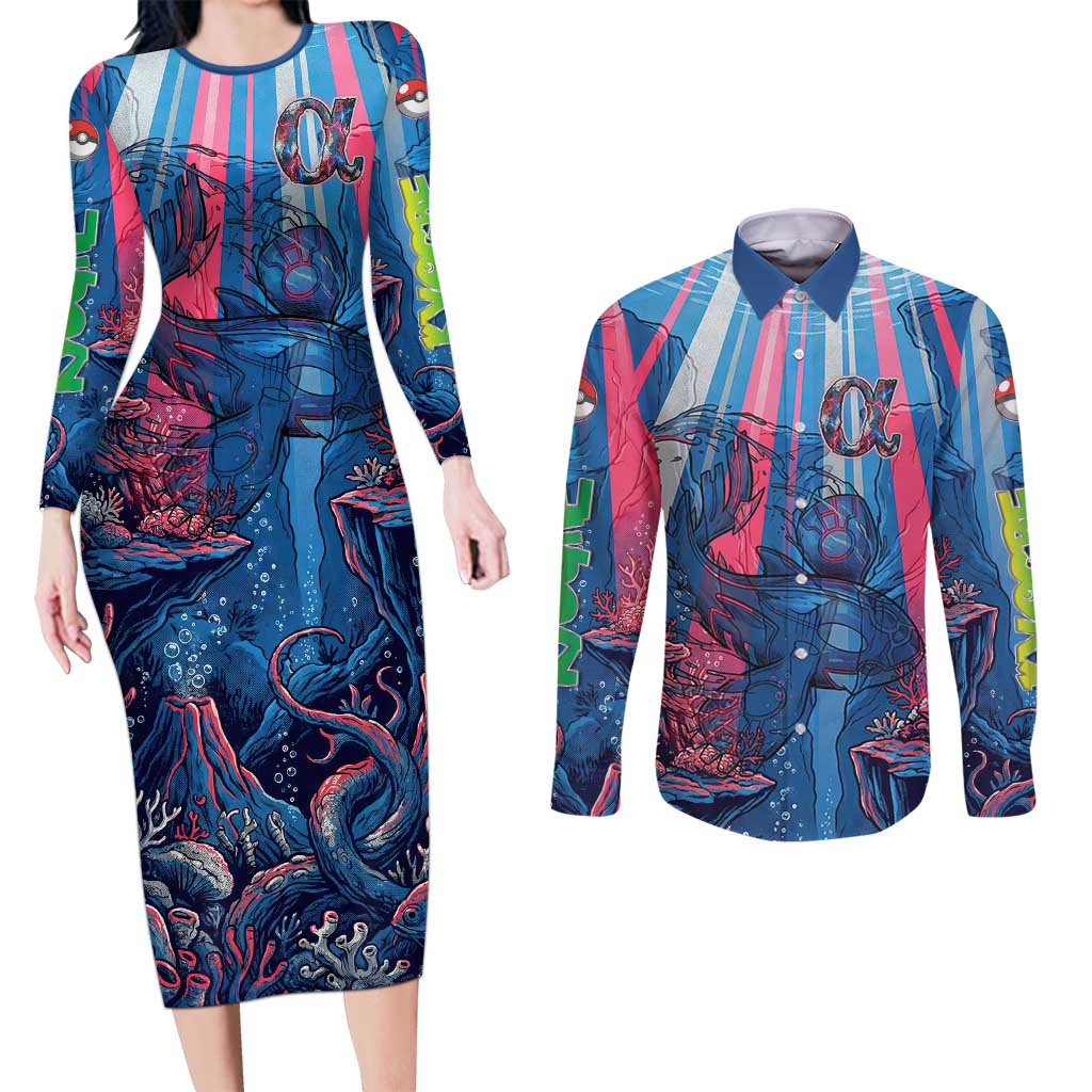 Kyogre Alpha Couples Matching Long Sleeve Bodycon Dress and Long Sleeve Button Shirt Neon Deep Sea Coral Art