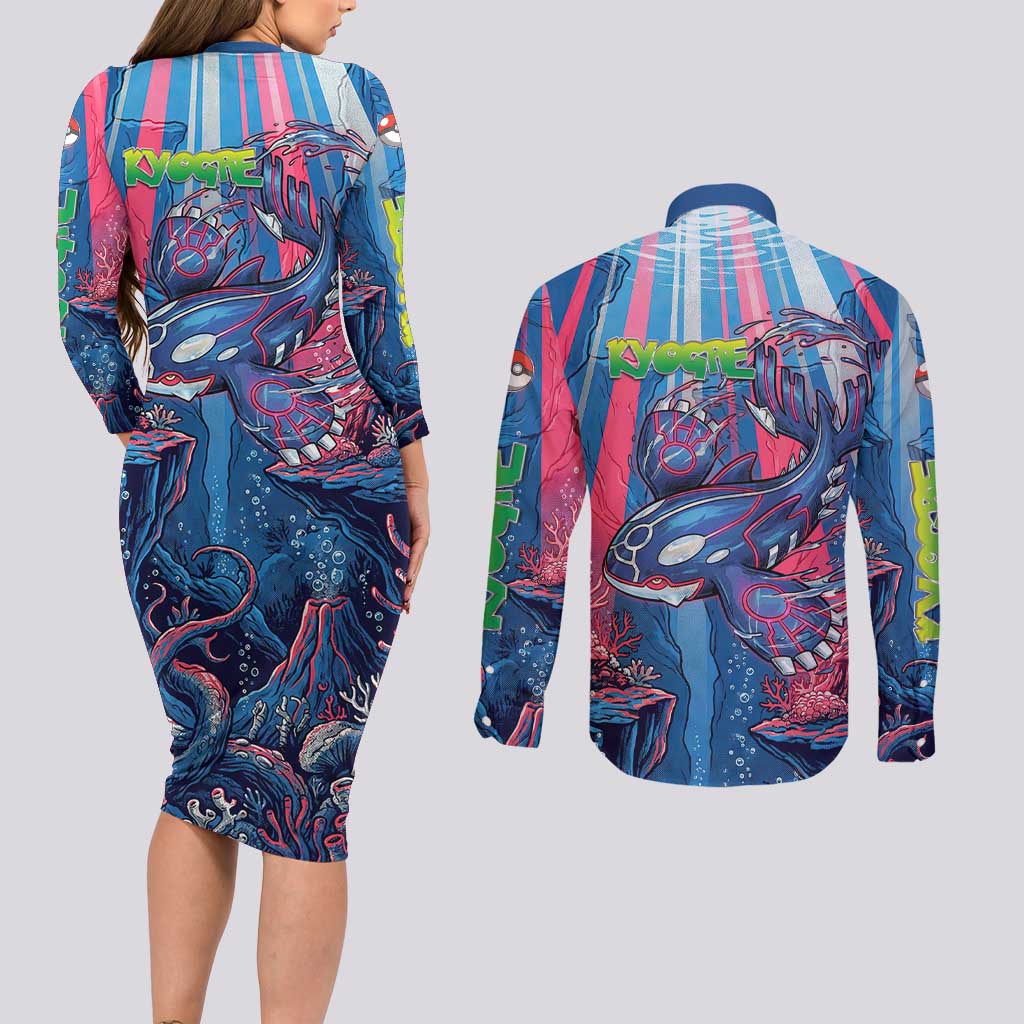 Kyogre Alpha Couples Matching Long Sleeve Bodycon Dress and Long Sleeve Button Shirt Neon Deep Sea Coral Art