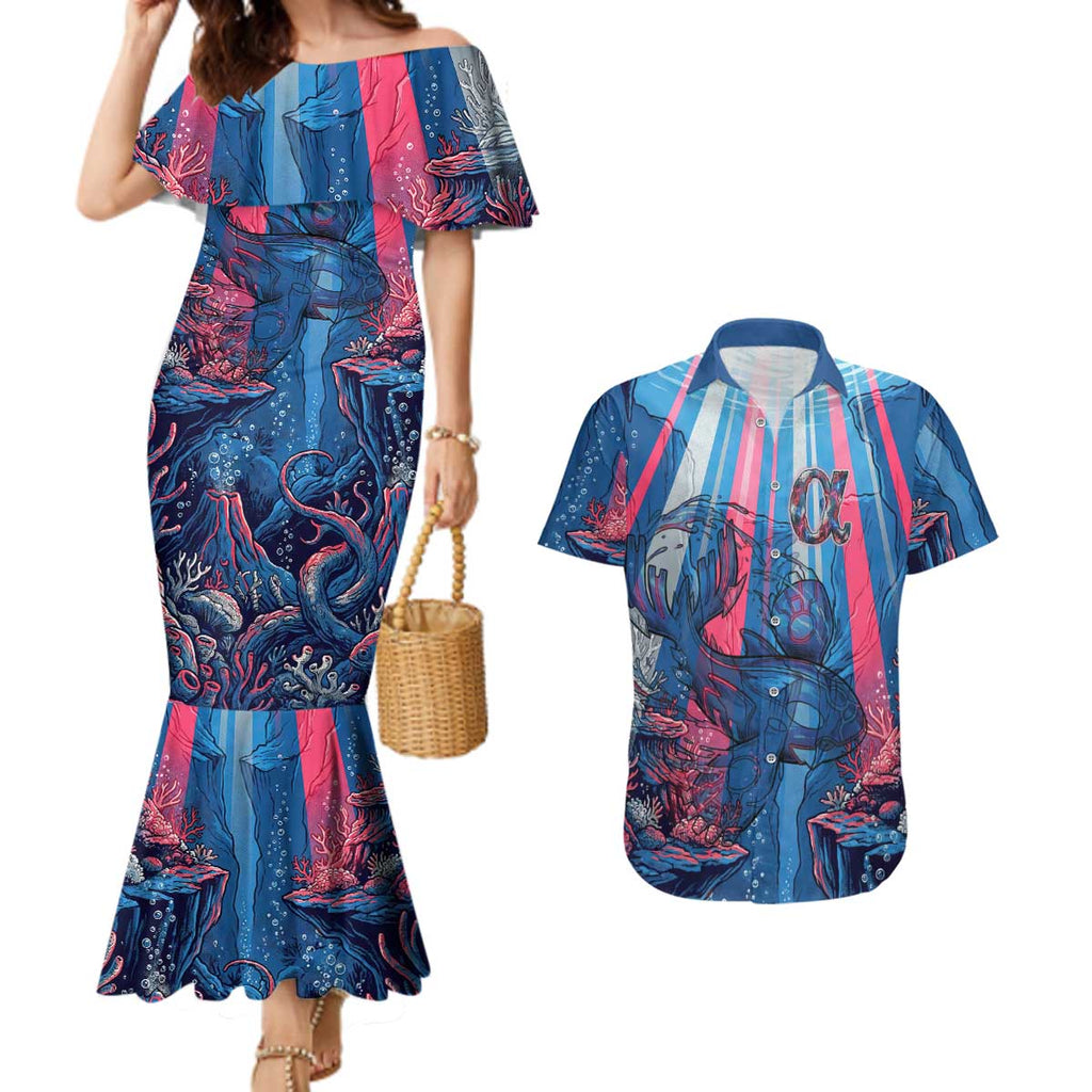 Kyogre Alpha Couples Matching Mermaid Dress and Hawaiian Shirt Neon Deep Sea Coral Art