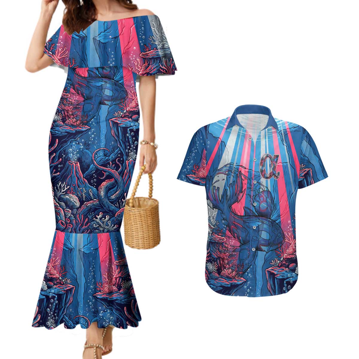 Kyogre Alpha Couples Matching Mermaid Dress and Hawaiian Shirt Neon Deep Sea Coral Art