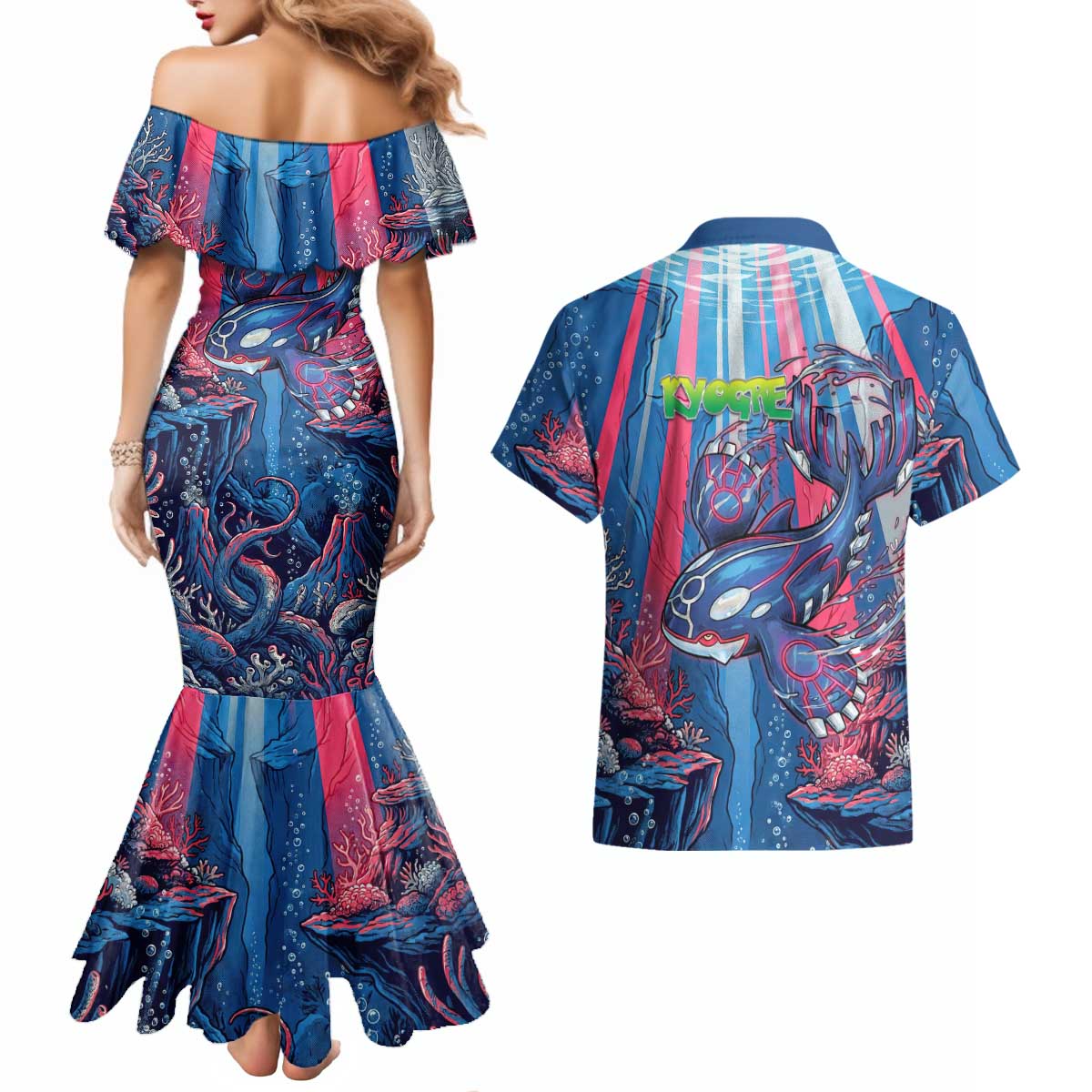 Kyogre Alpha Couples Matching Mermaid Dress and Hawaiian Shirt Neon Deep Sea Coral Art