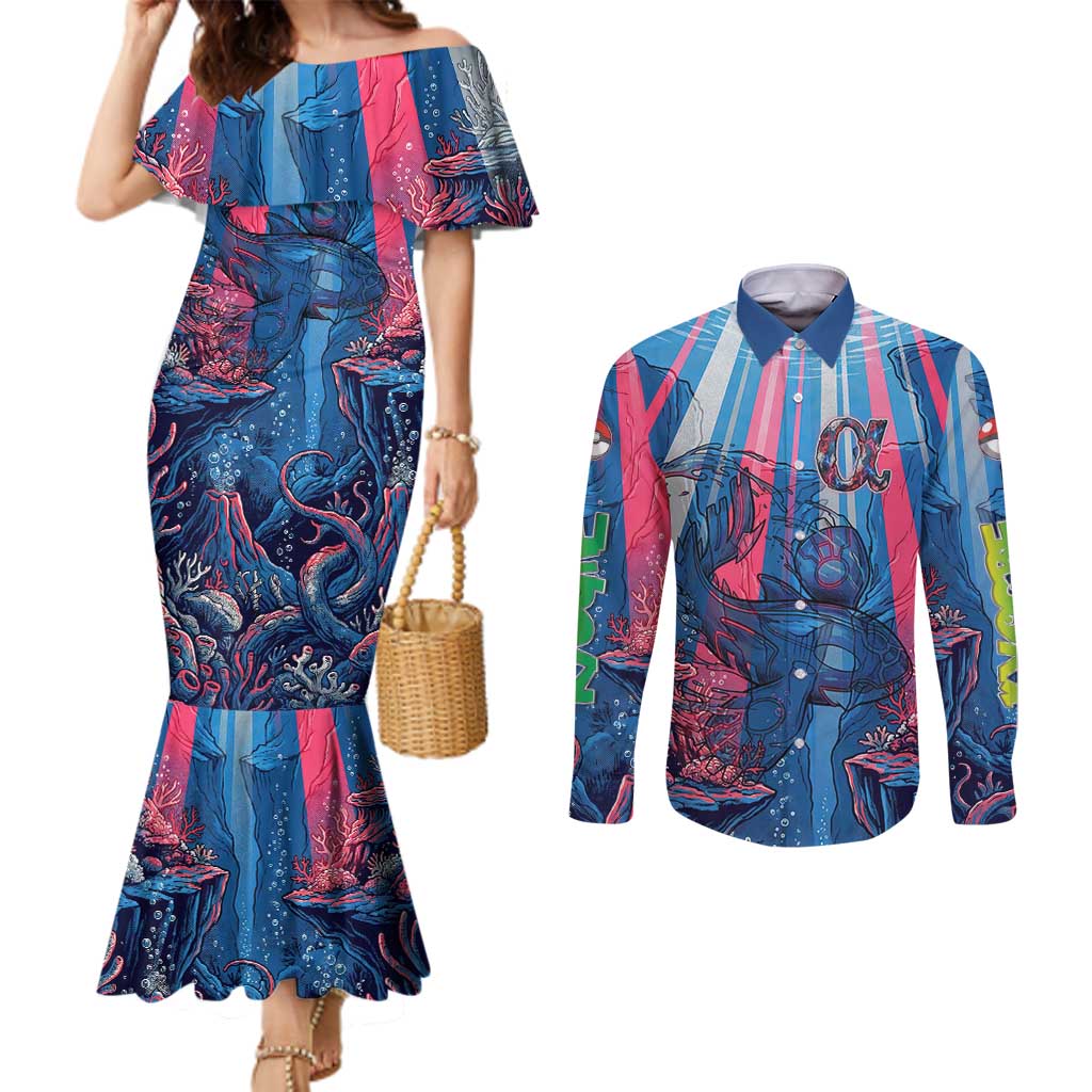 Kyogre Alpha Couples Matching Mermaid Dress and Long Sleeve Button Shirt Neon Deep Sea Coral Art