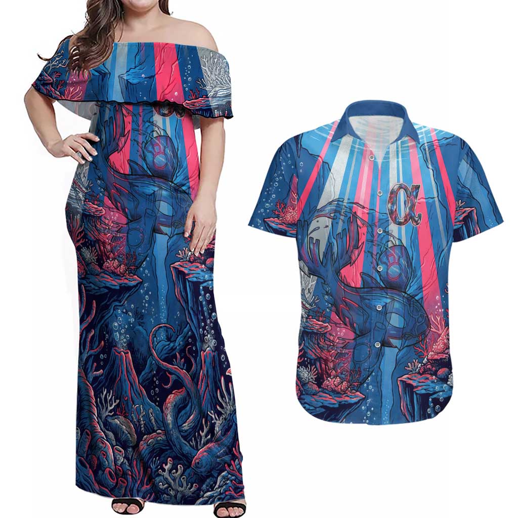 Kyogre Alpha Couples Matching Off Shoulder Maxi Dress and Hawaiian Shirt Neon Deep Sea Coral Art
