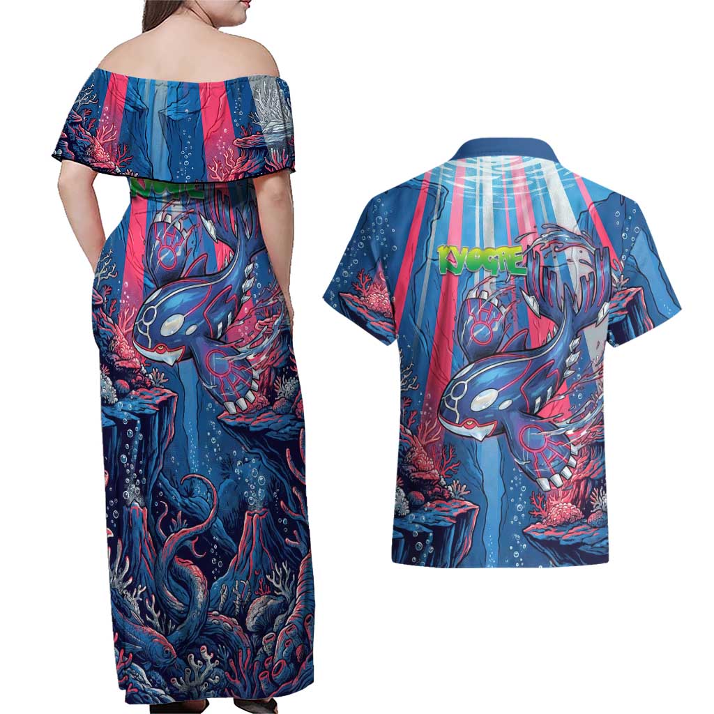 Kyogre Alpha Couples Matching Off Shoulder Maxi Dress and Hawaiian Shirt Neon Deep Sea Coral Art