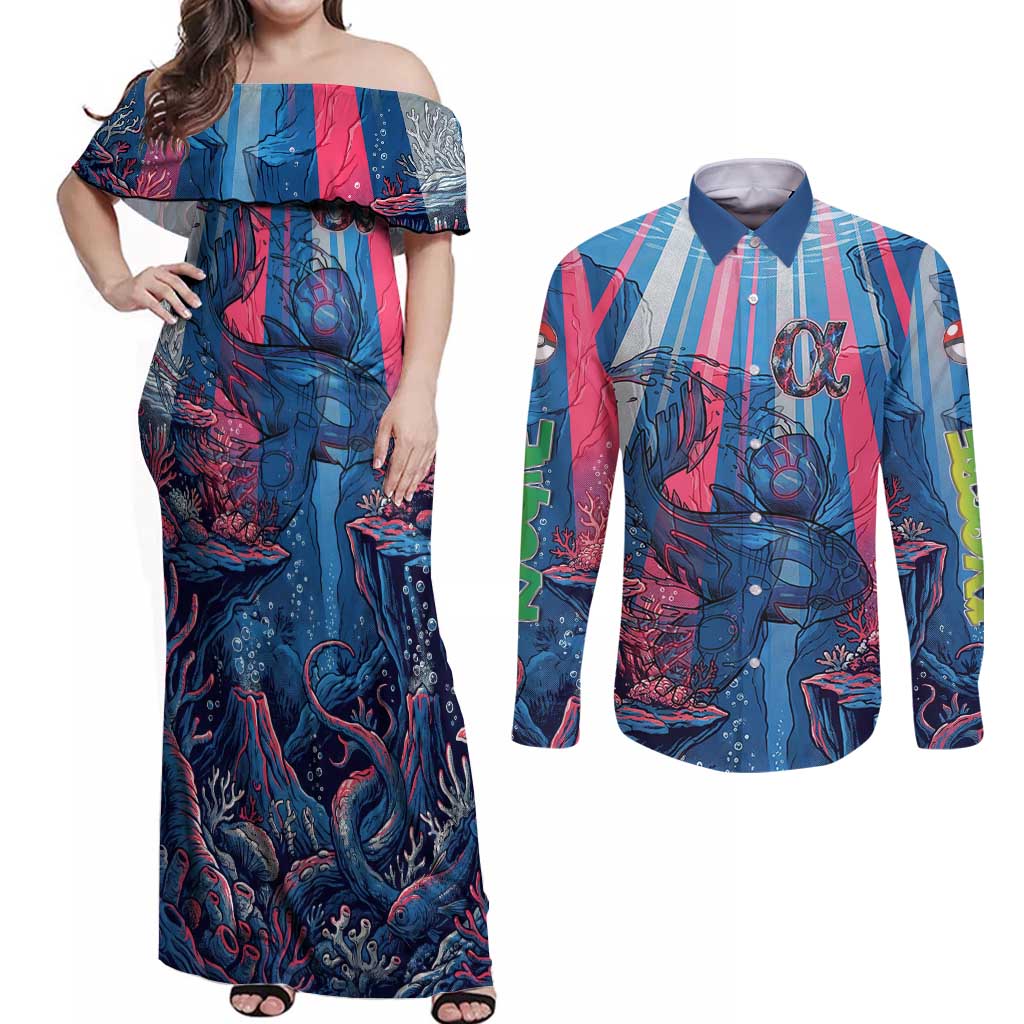 Kyogre Alpha Couples Matching Off Shoulder Maxi Dress and Long Sleeve Button Shirt Neon Deep Sea Coral Art
