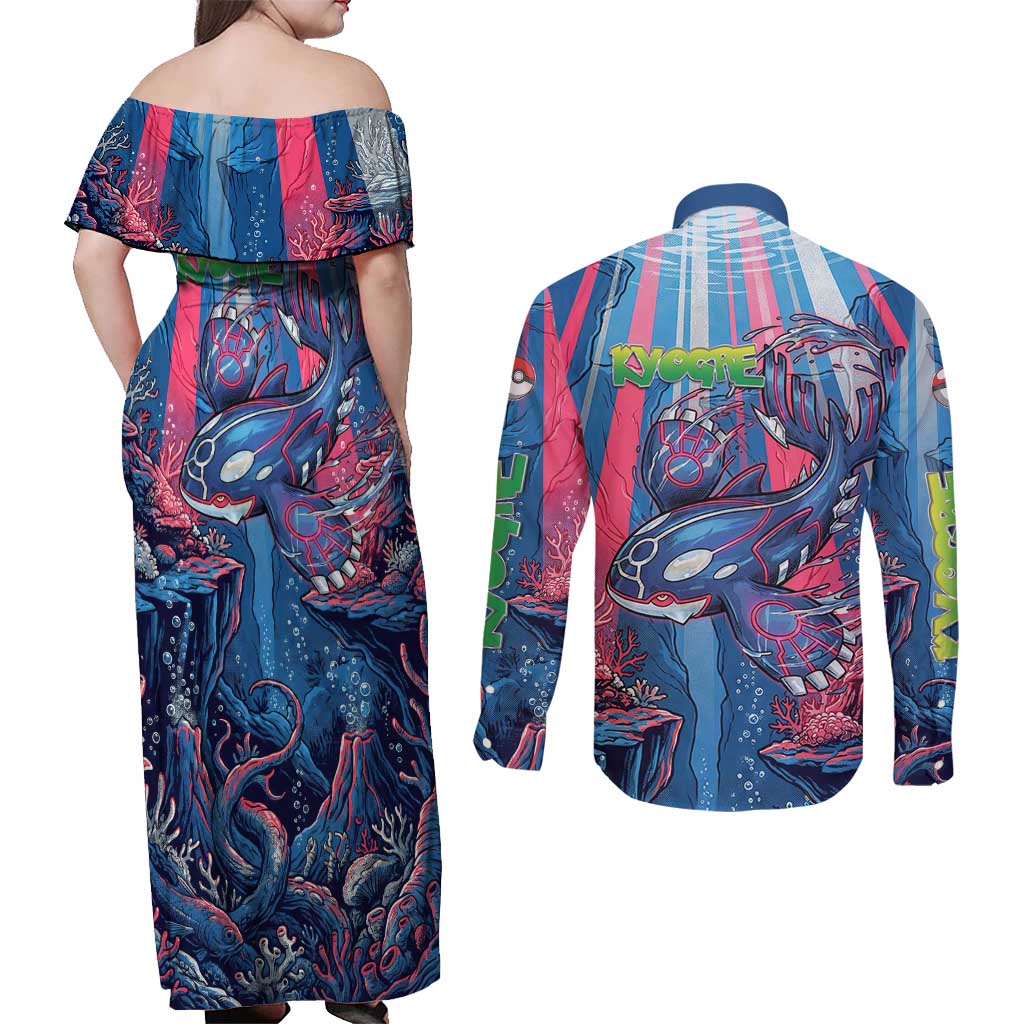 Kyogre Alpha Couples Matching Off Shoulder Maxi Dress and Long Sleeve Button Shirt Neon Deep Sea Coral Art