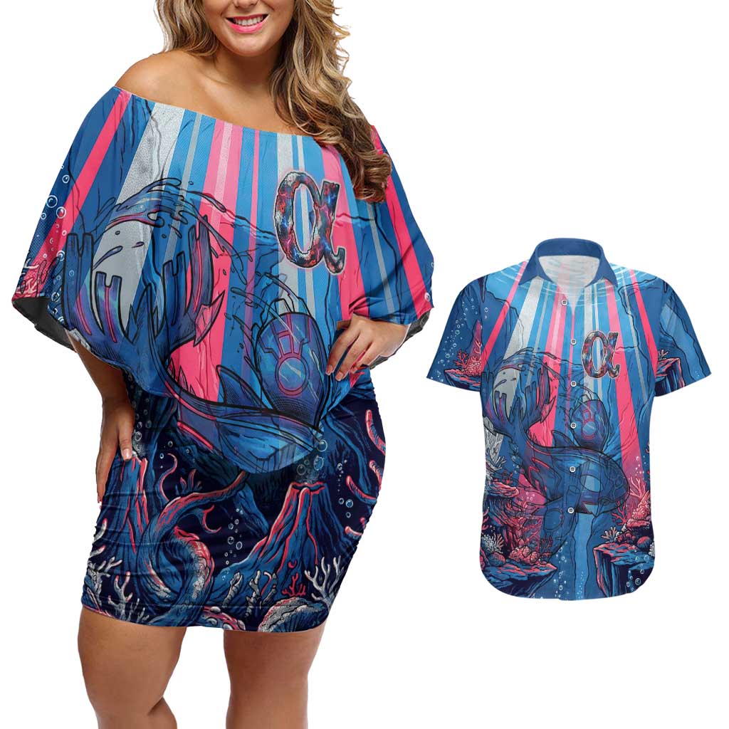Kyogre Alpha Couples Matching Off Shoulder Short Dress and Hawaiian Shirt Neon Deep Sea Coral Art